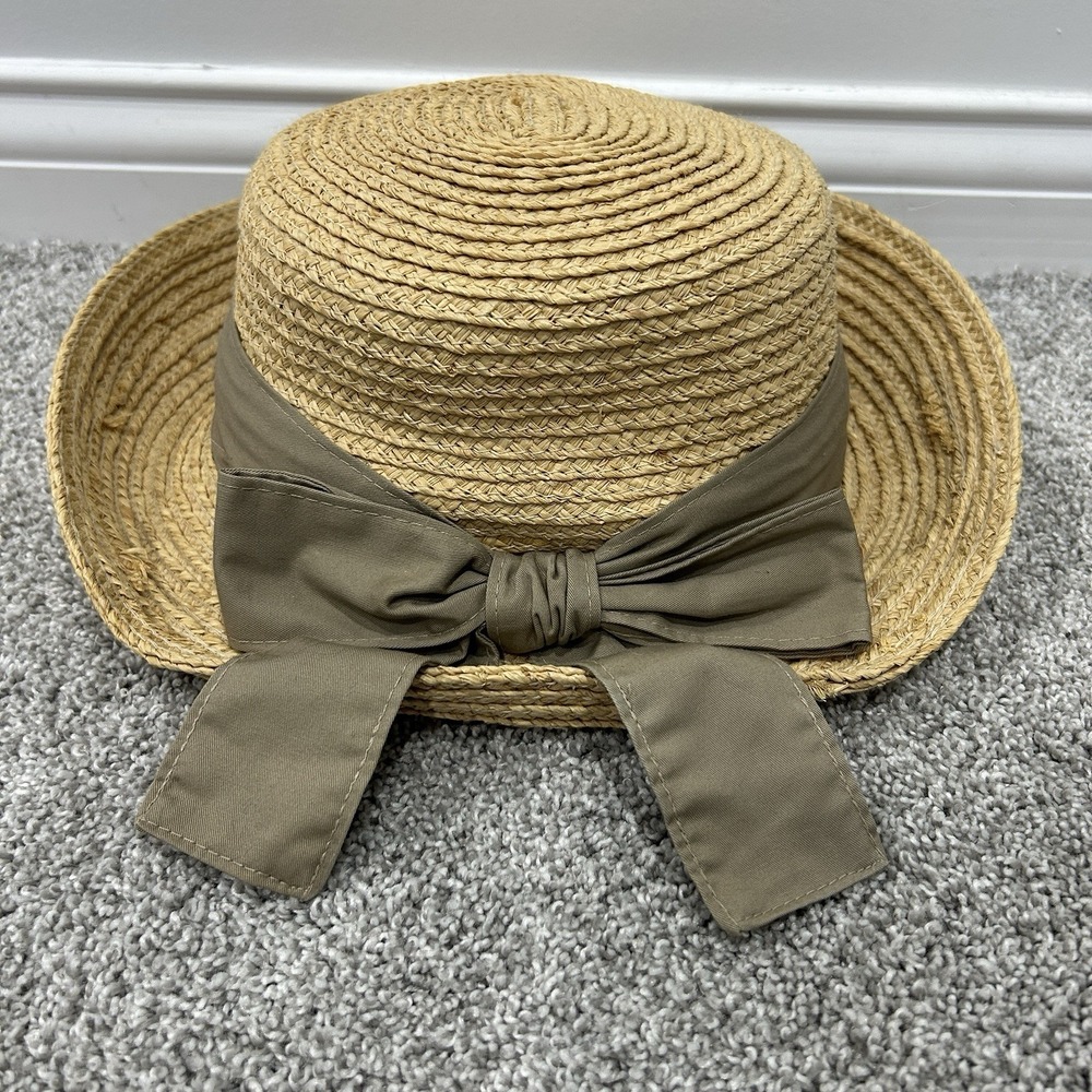 Kate Lord Women's Straw Hat Turned Up Brim With Tan Cloth Ribbon Size‎ S/M EUC